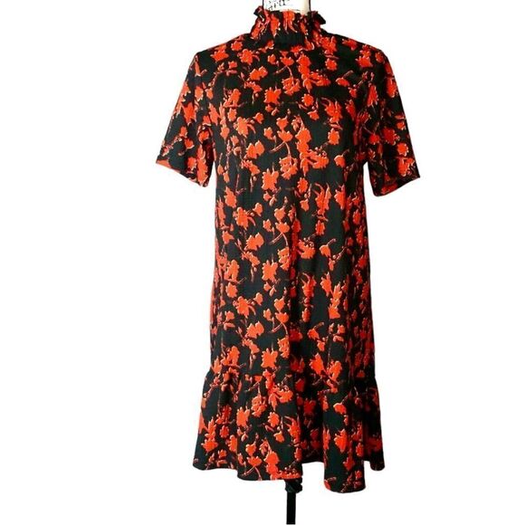Zara Black and Red Short Sleeve High Neck Floral Ruffle Dress, Medium - Picture 3 of 5